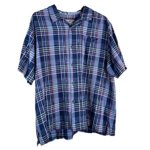 Tommy Bahama Mens XL Blue Plaid 100% Silk Short Sleeve Button Down Shirt XL/TG